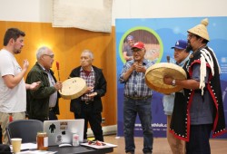 Ahousaht representatives sing with Hupacasath Councillor Jared Dick (left) at the Hupacasath House of Gathering on June 3, as the Hupacasath hosted the fisheries forum. (Eric Plummer photo)