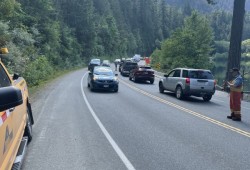 After being closed for nearly three weeks, Highway 4 reopened to single-lane alternating traffic, with intermittent closures, on June 24. But even during scheduled opening times waits could last for hours, leaving what business owners fear will be a damaging impression on tourists. (BC Wildfire Service photo)