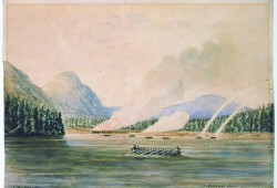This illustration depicts the 1864 attack on Ahousaht villages by Royal Navy gunboats. Nine villages were bombed with multiple deaths, but Ahousaht Chief Cap-cha escaped. 