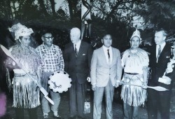 In 1967, John Jacobson, an Ahousaht historian, Second World War veteran and artist (centre right), took part in a celebration recognizing Canada’s 100th anniversary. Kamiina as he preferred to be called, presented carved totem poles to George Pearkes, the lieutenant governor of British Columbia (far right). 
