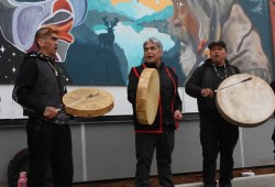 Ahousaht members perform at the opening of the House of Courage in Victoria on March 31. (Eric Plummer photo)