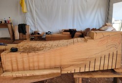 Canoe body shaped at Nucci. (Progress photo provided by Moses Towell, Resource and Development Manager)