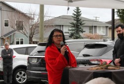 Fran Hunt-Jinnouchi, executive director of the Aboriginal Coalition to End Homelessness, speaks at the opening of the House of Courage in Victoria on March 31. (Eric Plummer photo)