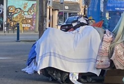 The holiday season can highlight feelings of isolation among Victoria’s homeless population, says front-line workers. Pictured is a temporary shelter on Pandora Avenue in December. (Lisa Barnes photo)