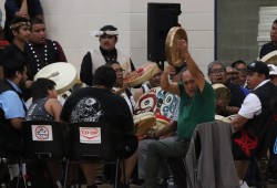 Sam Haiyupis and family drumming and singing together at łaakt’uuła held at Alberni Athletic Hall on May 20.
