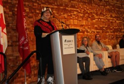 Cloy-e-iis, Judith Sayers, president of the Nuu-chah-nulth Tribal Council, speaks in Vancouver at the announcement of an memorandum of understanding for the Tang.ɢwan — ḥačxw iqak — Tsig̱is Marine Protected Area on Feb. 7. (Eric Plummer photo)