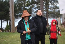 Tla-o-qui-aht elder Levi Martin stands by the event's organizer Terry Dorward. 