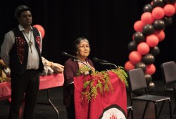 Helen Dick says a prayer in Nuu-chah-nulth to greet students and families at the beginning of the Nuu-chah-nulth Tribal Council Scholarship Ceremony held at the Alberni District Secondary School in Port Alberni, on June 10, 2022.