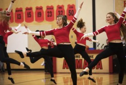 The Alberni District Secondary School (ADSS) dance team performs in front of the crowd gathered to support the school's athletes on first night of the 66th annual Totem Tournament, at ADSS in Port Alberni, on March 10, 2022.