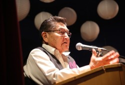 Moses Martin speaks at the Meares Island event in Victoria. (Eric Plummer photo)