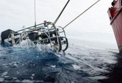 A submersible drop camera used to observe seamount life is lowered from the Coast Guard vessel John P. Tully. (DFO photo)