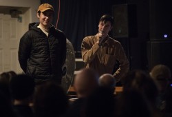 Jaiden George, left, and Tristan Hinder-Hohlweg present their film Finding Solitude in Tofino on Nov. 23.