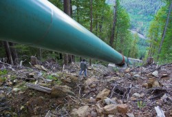 A pen stock carries water down a mountain to the Canoe Creek Hydro powerhouse. Canoe Creek began operations in 2014 near the west coast of Vancouver Island. (Barkley Project Group photo)