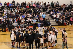 JANT is more than basketball; it’s culture and pride. Ahousaht Guardians and Coastal Pride from Prince Rupert gather in a circle after the boys U13 final at the 2025 JANT in Kelowna. (Nora O’Malley photo)