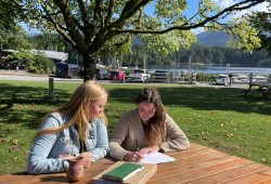 Ucluelet Aquarium curators Laura Griffith-Cochrane, right, and Britt Buirs take a moment to analyze Canada’s oil spill response regime. They are hosting a Harbour Health Open House on Sept. 20, and would like to see a clearer pathway to deal with ocean pollutants.