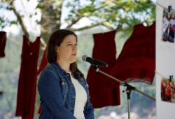 MP for Nanaimo- Ladysmith Lisa Marie Baron speaks to a crowd of supporters at Maffeo Sutton Park on June 30 for the annual walk for Lisa Marie Young. 