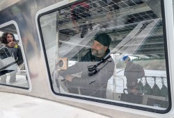 Rising Tide Boat Works founder Avi Bryant in the cockpit of his personal vessel the Catalyst on Oct. 16, 2025, the day they launched and tested her under cabin power. (Submitted photo)