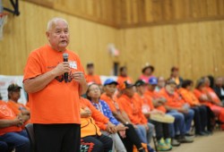 Charlie Thompson speaks on behalf of residential school survivors at the Alberni Athletic Hall on Sept. 30. 