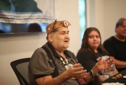 Charlie Cootes speaks at a gathering for him in Ethlateese on Aug. 15.