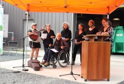 The Smooth Moves Choir perform an original song for the grand opening of Tofino’s wastewater treatment plant on Aug. 22.