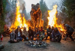Protesters gather in front of the cougar sculpture that blocked the forest service access road. The wooden sculpture was burned during the late November RCMP cleanout of the protest camp. (Adam Gemmink photo)