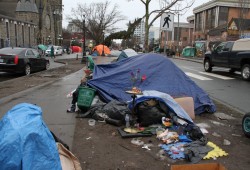 Pictured in January 2024, Pandora Avenue became a concentrated encampment for Victoria’s unhoused. (Eric Plummer photo) 