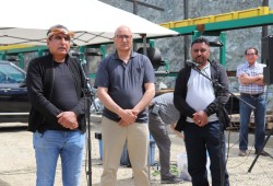 San Group Owner and CEO Kamal Sanghera, accompanied by President Suki Sanghera and Vice-president of Manufacturing Paul Deol, speak at an announcement the company held at its mill south of Port Alberni on June 2, 2021. At the time the company pledged ‘no waste’ with new investments, including using the 40 tonnes of wood shavings produced a day. In October the San Group ceased its Port Alberni operations as millions are owed to the provincial and municipal governments, along with a long list of other credito