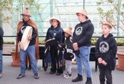 Tyee Ha’wilth Jordan Michael (far left) drums with Nuchatlaht members at the courthouse in downtown Vancouver while the B.C. Court of Appeal heard the First Nation’s case in October 2025. (Denise Titian photo)