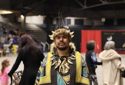 Ts’amiks Nisga’a Cultural Dancer Jade Doolan wore his uncle’s crown during the 2025 new year’s celebration. (Nora O’Malley photo)