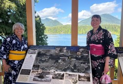 Japanese Canadians Cathy Babyak, left, with her cousin Britt Moberg at the Aug. 29 opening celebration of the pavilion. (Submitted photo)