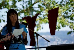 Friend of missing Lisa Marie Young and advocate for her investigation spoke to the crowd of family, friends and supporters at Nanaimo's Maffeo Sutton Park on June 30. 