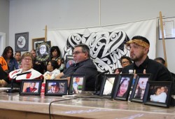 In September the Nuu-chah-nulth Tribal Council declared a state of emergency for the toxic drug crisis and mental health issues. Pictured is Tseshaht Chief Councillor Ken Watts speaking, next to NTC Vice-president Les Doiron and NTC President Judith Sayers. (Eric Plummer photo)