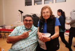 Les Doiron sits with Julia Eaton, a long-serving board member with the Vancouver Friendship Centre. She turns 90 next year. 
