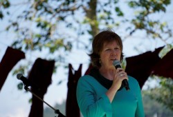 Nanaimo MLA Sheila Malcolmson speaks to a crowd of supporters at Maffeo Sutton Park on June 30 for the annual walk for Lisa Marie Young. 