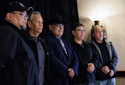 Mowachaht/Muchalaht Hereditary Chiefs Nathan George, Mike Maquinna, Jerry Jack, Dan Savey and Patrick James at the announcement in Victoria. (Geoff Howe photos)