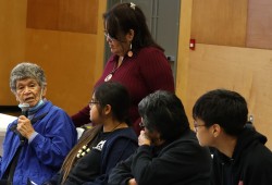 Yuułuʔiłʔatḥ (Ucluelet First Nation) language keeper Marge Touchie (ʔaʔasmacy̓ak) speaks during the panel discussion on Feb. 13 in Hitacu.