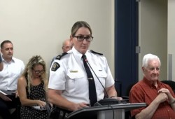 Inspector Kim Bruce, detachment commander for the Port Alberni RCMP, addresses city council on Aug. 11. (Port Alberni video still)