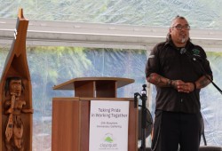 Tla-o-qui-aht’s Natural Resources Manager Saya Masso talks about the history of the region during the Clayoquot Sound UNESCO Biosphere Region’s 25th anniversary gathering on Sept. 20 at Wickaninnish Community School Field. 