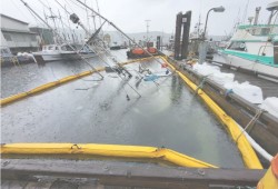 On the morning of Oct. 2, 2023 a trawler fishing boat was reported to be sunken in Port Alberni’s Fisherman Wharf, near the Harbour Quay. (Canadian Coast Guard photo)
