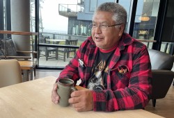 Tyee Wilson Jack talks about a recent Sasquatch encounter over coffees at Ucluelet’s Big Beach Lounge. (Nora O’Malley photo)