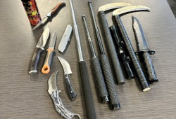 Weapons seized by police from Pandora Avenue and Ellice Street during enforcement of a safety plan in the small downtown area. (Victoria Police Department photo)