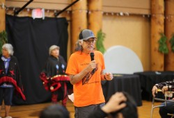 Ahousaht elder Wally Samuel addresses the crowd.