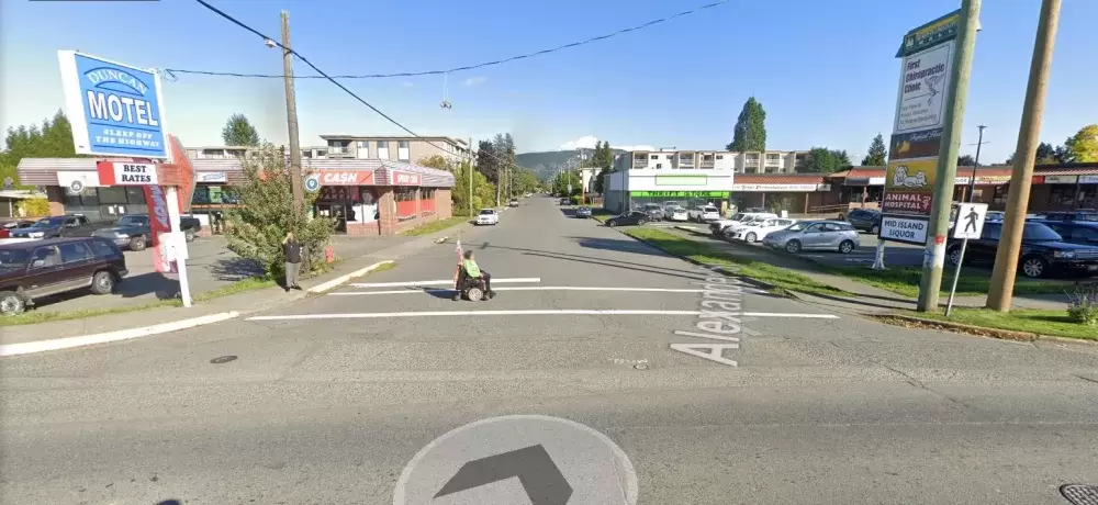 Williams was found by a police officer lying on a concrete slab at the Corner of Alexander Street and Highway 1 in Duncan on July 15, 2020. (Google Street View photo) 