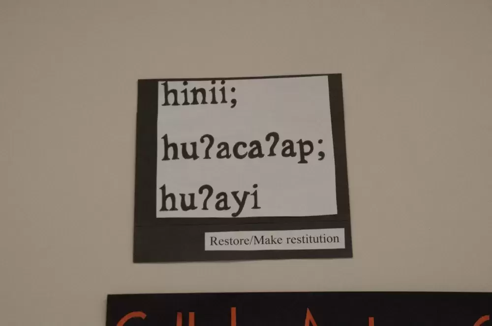 Nuu-chah-nulth language provided by the Nuu-chah-nulth grade eight and ten class translating to restore/make restitution.