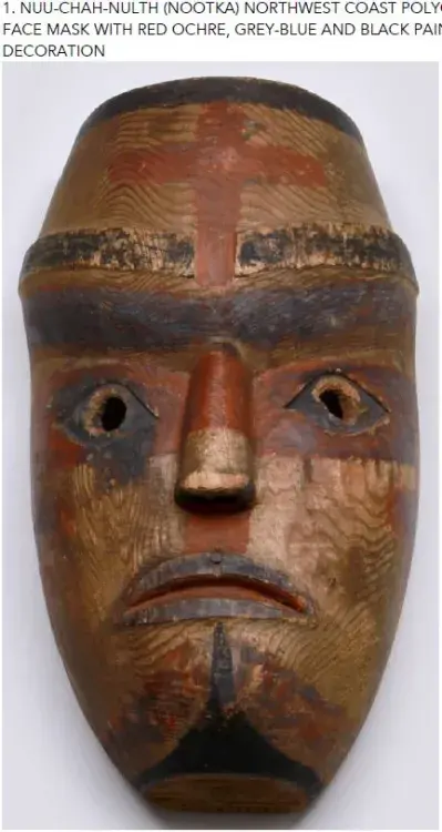 This mask in the university’s collection is believed to be Nuu-chah-nulth, described by an appraiser as a “wood portrait face mask with red ochre, grey-blue and black painted geometric decoration.”