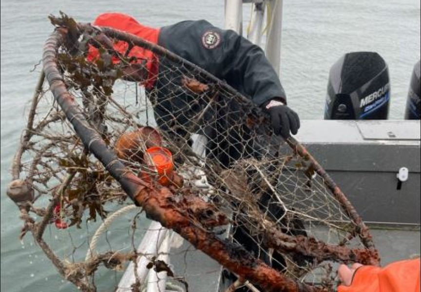 A crab trap is removed from the ocean, one of the more than 3,000 pieces of discarded fishing equipment collected in Canada since the spring of 2020. (Shift Environmental Ltd. photo)