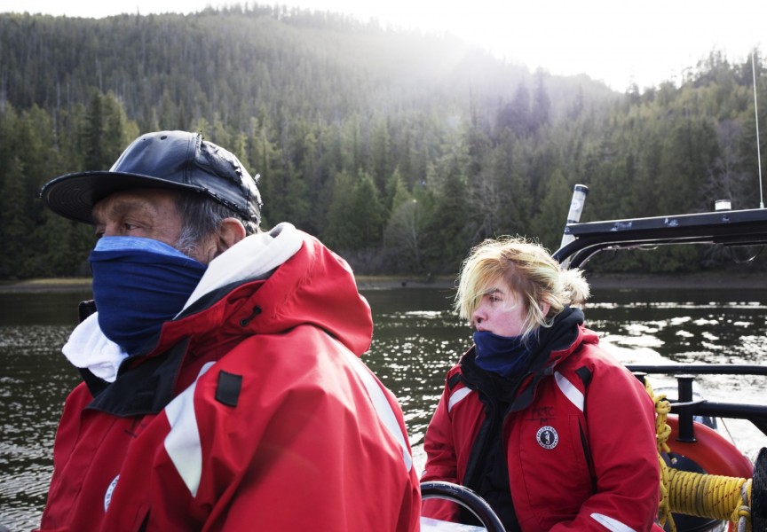 Joe Titian and Brianna Lambert look to their instructor during practical training as part of the Captain's Boat Camp, in Cannery Bay, near Tofino, on Feb. 22 2021. Photograph by Melissa Renwick