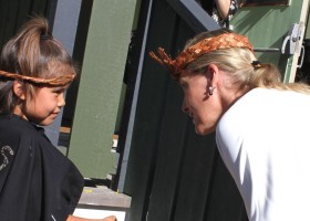 Princess Sophie speaks to a girl holds one end of the ribbon