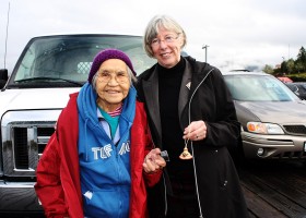 Lieutenant Governor with Lena Jumbo in Tofino who wove the gift given by Ahousaht to Lt-Gov.