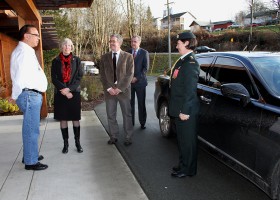 Tseshaht Chief Councillor Hugh Braker greets Lt-Gov. Judith Guichon and Port Alberni Mayor Mike Ruttan